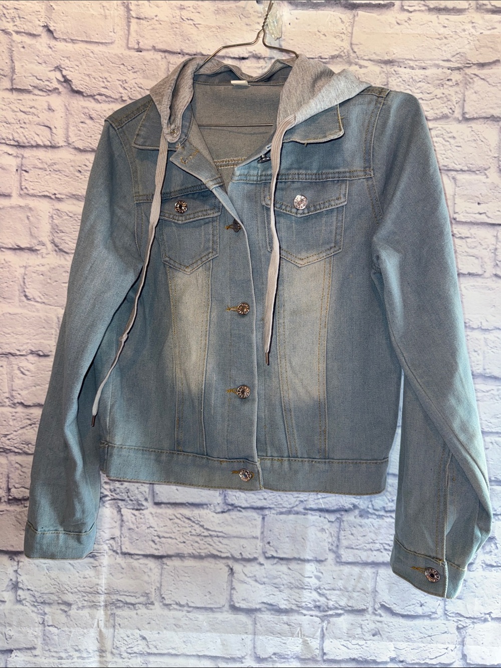 Light Wash Denim Jacket with Attached Gray Hood